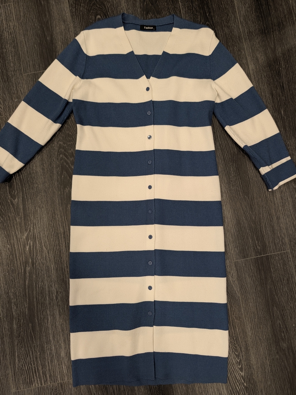 Striped Blue and Cream Button-Front Long Sleeve Midi Dress